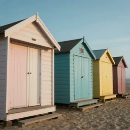 pastel colored beach huts on a beach, low angle, close up, vray, single light source, dramatic lighting, cinematic
