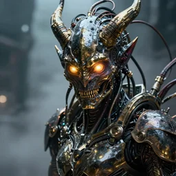 a close up sci fi horror portrait of a cyber demon fused into complex cables and wearing realistic sci fi armor, cinematic lighting, smooth, high detail, glowing eyes, dark fantasy, unreal engine, octane render, by vitaly bulgarov artstation, golden rule, death and corruption, vray, fog volumes, vivid color glow, cgsociety