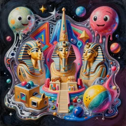 an extremely high quality hd surrealism painting of a 3d galactic neon complimentary-colored cartoon surrealism melty optically illusiony high-contrast zaha hadid tutankhamun city by kandonsky and salvia dordali the second, salvador dali's much much much much more talented painter cousin, melty, flowy, liquid, runny, drippy, clear shapes, 8k, realistic shading, ultra realistic, super realistic