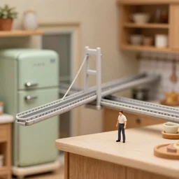 macro photography focused on a miniature figure on a countertop. The background is the rest of the kitchen. The mid ground is a dramatic highway bridge that connects the vintage fridge to the counter. Award winning photo.