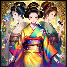 symmetry!!!!!! beautiful anime girl cyberpunk geisha portrait, garden background, wearing rainbow kimono, highly detailed, anime, dynamic lighting, digital art, digital painting, artstation, wlop, zoe mozert, sharp focus, illustration, art by artgerm and greg rutkowski and alphonse mucha, 8 k