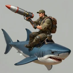 raptor has a rocket launcher, riding a shark, highly detailed, digital painting, artstation, concept art, sharp focus, illustration, art by greg rutkowski and alphonse mucha