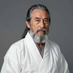 Miyamoto Musashi, 75 years old, wearing a white robe, grey beard, digital art