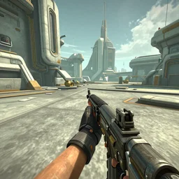 3 rd person game still of a sci - fi steampunk first person shooter game set in an overpopulated city scene with hundreds of fighting mechs, many npcs on the streets, night and bright sun, unreal engine 5