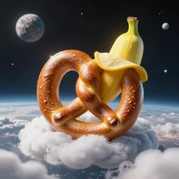 a pretzel wearing a banana as a hat, floating on a cloud in outer space, photo