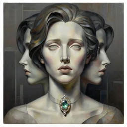 portrait painting of layers of fear hyper realistic detailed sharp focus in modern artdeco sculpture style in bioshock by rene lalique jewelry centered in a bezel 8 k
