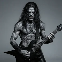 gray - skinned brutal scowling man with black hair and epic black metal guitar