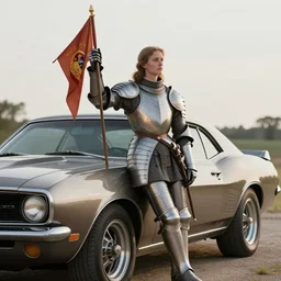 a photograph of joan of arc wearing armor and holding a pennant, leaning on a muscle car, dslr, 8 k, muscle car