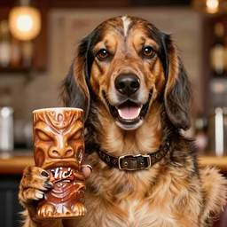 a closeup photorealistic photograph of happy snoop dogg at trader vic's bar holding trader vic's tiki mug that features the face of snoop dogg. brightly lit scene. this 4 k hd image is trending on artstation, featured on behance, well - rendered, extra crisp, features intricate detail, epic composition and the style of unreal engine.