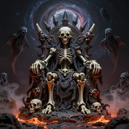 death metal god sitting on a throne of bones, cinematic lighting, cosmic black hole halo, demon ghosts around, lava mist, surreal, haunted, in the photographic style of james nachtwey, 8 k, detailed, ornate, complicated, claymation