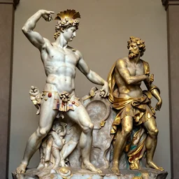 beautiful epic intricate colourful marble spartan sculpture by michelangelo buonarroti and by gian lorenzo bernini, colour paint splashes gold plated bronze plated