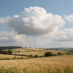 a beautiful realistic matte painting landscape of rolling fields of england with clouds made of cubes. cubic clouds. soft focus