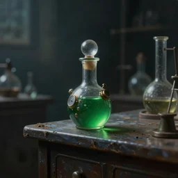 a painting of a small green shiny steampunk potion bottle on the edge of a thin dark counter in a dark dusty vintage science lab, by h. r. giger, hyperrealistic fantasy art, concept matte, ethereal, dreamy, digital art, trending on artstation, volumetric cinematic lighting