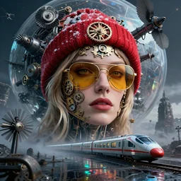 detailed face of a woman, clockwork, moment, tectonic sky, skydome, bullet train, turbines, utopian, tech noir, wet reflections, prism, atmospheric, ambient, pj crook, syd mead, livia prima, artgerm, greg rutkowski, nick alm, casey baugh, blonde, gold tinted sunglasses, red snow hat