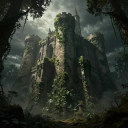giant ancient castle in an forest with some ivy plants on the walls, cinematic, epic, dramatic lighting from above, dark, vines, fantasy, dust, unreal engine, octane, highly detailed, concept art, dark, super realistic,
