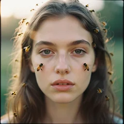 analog close up frontal face portrait photography of a beautiful woman surrounded by honeybee by maxim nikolaev. vogue. kodak portra 8 0 0 film. ( depth of field ). whirl bokeh!!. golden hour. detailed. hq. realistic. warm light. muted colors. filmic. dreamy. lens flare. mamiya 7 ii, f / 1. 2, symmetrical balance, in - frame