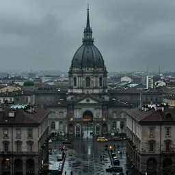 city of turin in the style of blade runner, cyberpunk, high detail, smoky atmosphere, raining, matte painting, artstation