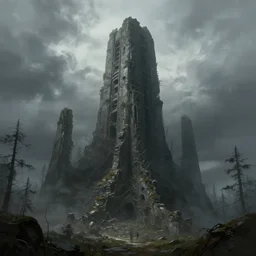 monumental old ruins tower of a dark misty forest, overcast, sci - fi digital painting by simon stalenhag