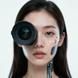 photo of young woman, close up, with a cyberpunk camera lens fixed over right eye with led lights, robotic implants over face with small led lights, white background, fine art photography in the style of Bill Henson