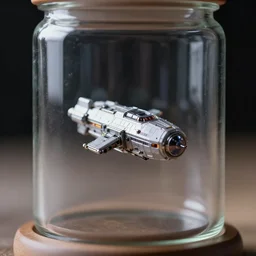 a tiny realistic spaceship in space inside a glass jar. sharp focus, photography, unreal engine, trending on artstation, photorealistic, octane, trending on deviantart, unreal engine