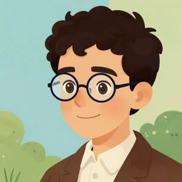 illustration of jewish young man with glasses, dark very short curly hair smiling, in the style of antoine de saint - exupery colorful