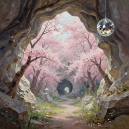 disco in a cherry blossom limestone cavern. heavily stylized, oil painting by indie concept artist. backlighting, chiaroscuro, intricate details, field of depth.
