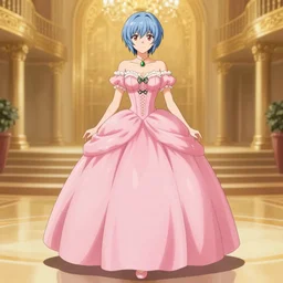 Rei Ayanami, wearing a pink ballroom gown, background of a golden ballroom, full body shot, highly detailed, smooth, digital painting, promotional art, trending on deviantart