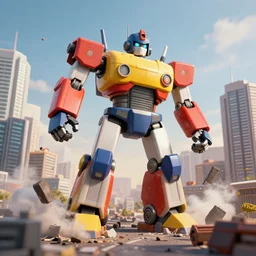giant toy soldier robot destroying a city