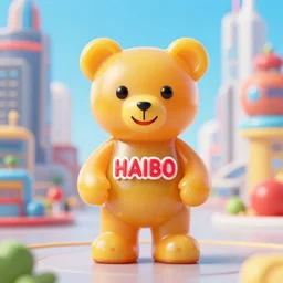 portrait of haribo bear in future city, color and shape focus, central composition, natural light, bloom, puff, by simon stalenhag and rene magritte and ant