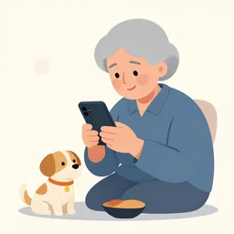 a flat design illustration of a grandma with a dog. the grandma using a smart phone.