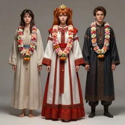 studio photo portrait of Asuka Langley from evangelion wearing floral garlands over her traditional dress. full height portrait of Asuka from eva as a slavic pagan priestess wearing traditional pagan dress adorned with golden tiara, concept art by Greg Rutkowski and James Dean and Ross Tran, ultrarealistic octane render, 8k, rtx on, trending on ArtStation