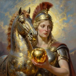 battlefield of trojan war, trojan horse, closeup portrait of eris discordia, holding an reflective gold!!! metal apple, goddess of chaos, fantasy character portrait, ultra realistic, wide angle, intricate details, artifacts, luminous skies, michael cheval, peter mohrbacher, boris vallejo, jessica rossier, oil painting, highly detailed, cinematic lighting, unreal