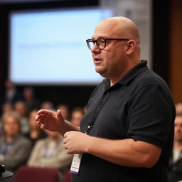 realistic, detailed photograoh of a slightly overweight, bald man with dark - rimmed glasses giving a talk on stage at a conference in front of an audience.