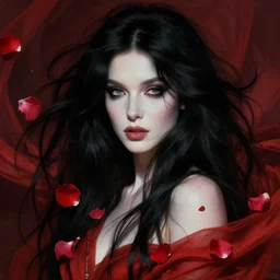 portrait of kate bush, lush black hair, pale skin, red rose petals, flowing material, intricate, beautiful cinematic lighting, stuning painting by artgerm and ruan jia