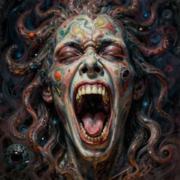 a hyper - detailed fine painting of the scream of paranoia and funny pain, cosmic horror psychedelic weird bizarre art