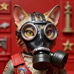 closeup face portrait of a soviet tin toy machine cat the assassin with black gas mask, nicoletta ceccoli, mark ryden, lostfish, max fleischer, depth of field, detailed and intricate red square environment, 8 k resolution, hyperrealistic, octane render