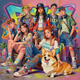 beautiful painting illustration of hiphop solarpunk summertime teen chilling with corgi, by dao le trong, daniela uhlig, craig mullins, craig davison, dean cornwell, donato giancola, dorina costras. trending on artstation, 8 k, masterpiece, graffiti paint, fine detail, full of color, intricate detail, golden ratio illustration, face enhance