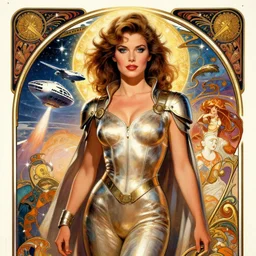 Jennifer connelly  as a stunning ,  beautiful retro SCI-FI space heroine 1985 , star ship taking off in the background , movie poster, intricate, elegant, highly detailed, centered, digital painting, trending on artstation, concept art, smooth, sharp focus, illustration, art by illustration, Unreal Engine 5, 8K, art by artgerm and greg rutkowski and alphonse mucha WLOP