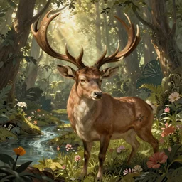 portrait of a young male faun, lush forest, river, flowers, detailed, ornate, god rays, sunlight, octane render, rossdraws, tom bagshaw, ross tran, charlie bowater, greg rutkowski, ruan jia, alphonse mucha, 1 6 k, warm lighting, character illustration, headroom