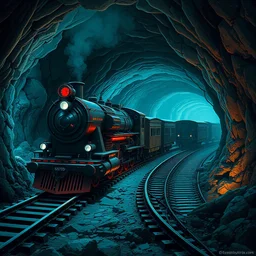 cyberpunk locomotive hauling many carriages on railroad through underground cyberpunk caverns. cave. tunnel. digital render. digital painting. beeple. noah bradley. cyril roland. ross tran. trending on artstation.