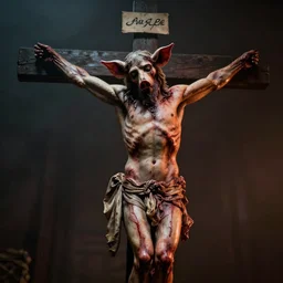 a highly detailed realistic photographic render crucified bloody humanoid pig, bloody christ with the head of a pig, dead souls, religious sculpture, creepy, cinematic lighting, cinematic scene, Volumetric lighting, Atmospheric scene, Dark, Horror, Atmospheric lighting, Global illumination, realistic, photo realism, hyper realistic, hyper realism, photo realisitc, cinematic render, film, beautifully lit, ray traced, octane 3D render, octane render, unreal engine