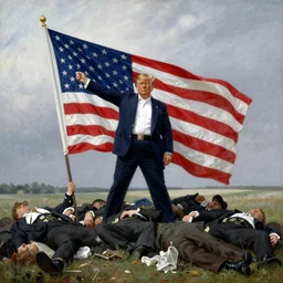 Donald trump holding a large usa flag standing on the bodies of his slain enemies by William Adolphe Bouguereau