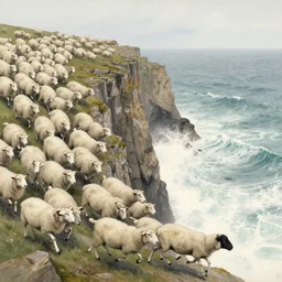 two hundred white sheep running fast in the direction of a cliff and we can see them falling like lemmings down the rocks below to the sea and the crashing white waves, there is one single black sheep going against the crowd, old colored sketching, lateral sideways horizon wide shot