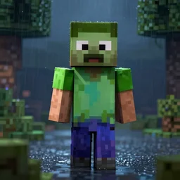 a zombie tele - tubby, in minecraft, moody lighting, raining