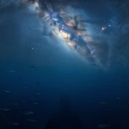 point of view of deep in the ocean looking up, you see fishes, higher up you see very clearly the milk way illuminating the sea down bellow. highly detailed painting by gaston bussiere, greg rutkowski 8 k
