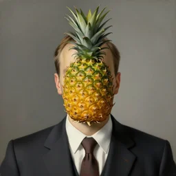 portrait of a man in a suit with a pineapple in front of his face, painting by rene magritte, high detail, high resolution