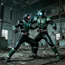 Kamen Rider fighting a biomechanical monster in an abandoned electrical plant, action scene, fight scene, rubber undersuit, arthurian knight inspired armor, moody colors, dark green color scheme, 4k, glowing eyes in helmet, industrial environment, horror movie cinematography, electrical plant location, hyper realistic
