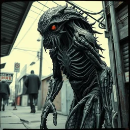 detailed manga comic a sleeper stalker monster creature designed by backrooms, silent hill 2, neill blomkamp, gantz, in toronto spadina ave. neighbourhood in the 1 9 9 0's. polaroid, high production value, intricate details, 8 k resolution, hyperrealistic, hdr, photorealistic, high definition, tehnicolor, masterpiece, amazing colors,