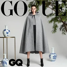 A still frame of a girl wearing grey cape featured in Vogue and GQ editorial fashion photography, beautiful eye, symmetry face, haute couture dressed by Givenchy and Salvatore Ferragamo, Canon EF 85mm f/1.4L IS USM, in porcelain and metal and lush branch, Long shot, wide shot, full shot, tilted frame, 35°