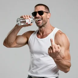duke nukem wearing a tank top, sunglasses, drinking vodka, showing middle finger, flexing muscles, laughing at his house being on fire, high quality, very detailed, a beautiful photo, national geographic quality